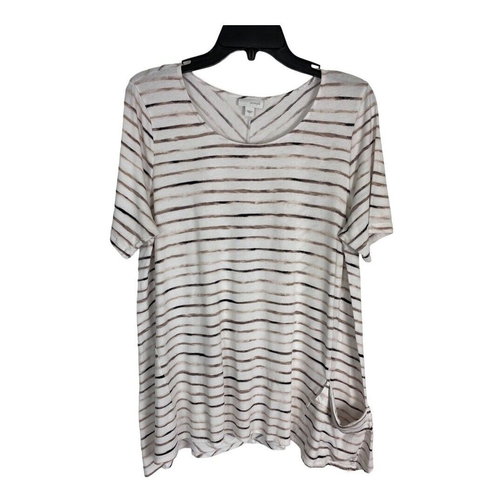 Pure Jill Womens Shirt Adult Size Large White Brown Striped Short Sleeve Pocket